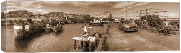Fishing Boats at Seahouses Harbour - Sepia Version Canvas Print by Philip Brown