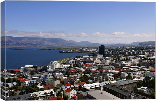 Faxafloi Bay and cityscape, Reykjavik, Iceland Canvas Print by Linda More