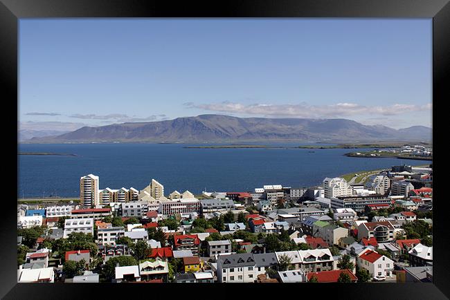 Faxaflói Bay and cityscape, Reykjavík, Iceland Framed Print by Linda More