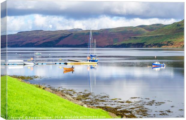 Boat reflections on Loch Harport Canvas Print by Rosaline Napier