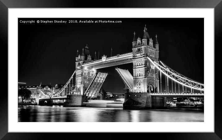 Night Falls at Tower Bridge - B&W Framed Mounted Print by Stephen Stookey