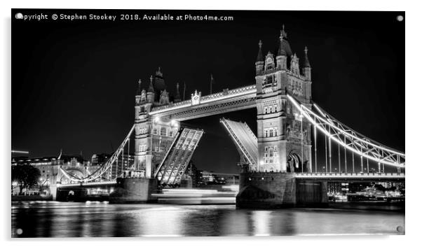 Night Falls at Tower Bridge - B&W Acrylic by Stephen Stookey