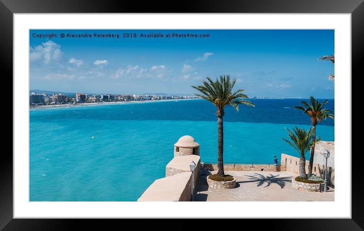Panoramic view of ocean surrounding Peniscola, Cas Framed Mounted Print by Alexandre Rotenberg