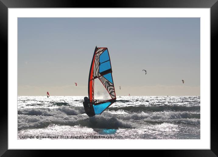 Windsurfer among the shore break in back  light Framed Mounted Print by Ines Porada
