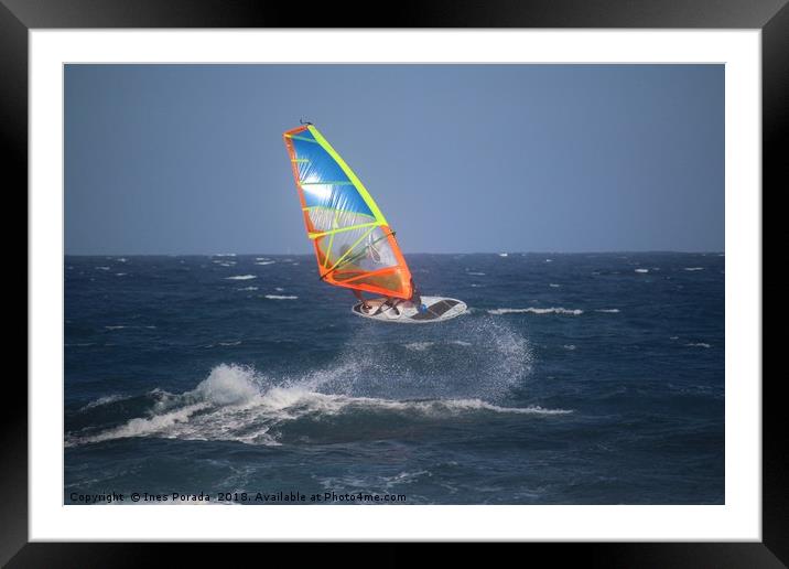 Windsurfer jumping in the waves Framed Mounted Print by Ines Porada