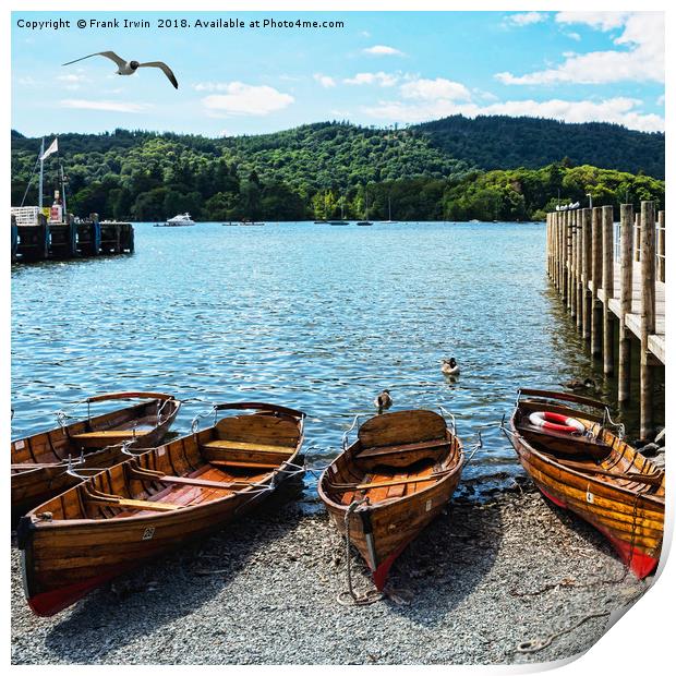 Rowing boats moored on Windermere. Print by Frank Irwin