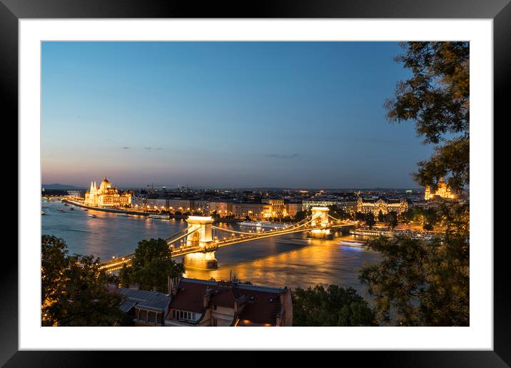 A view of Chains bridge at sunset in Budapest Framed Mounted Print by Sergio Delle Vedove