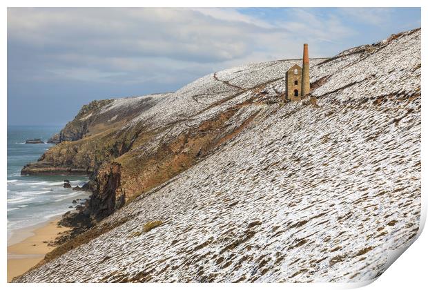 Engine House in the snow (Wheal Coates) Print by Andrew Ray