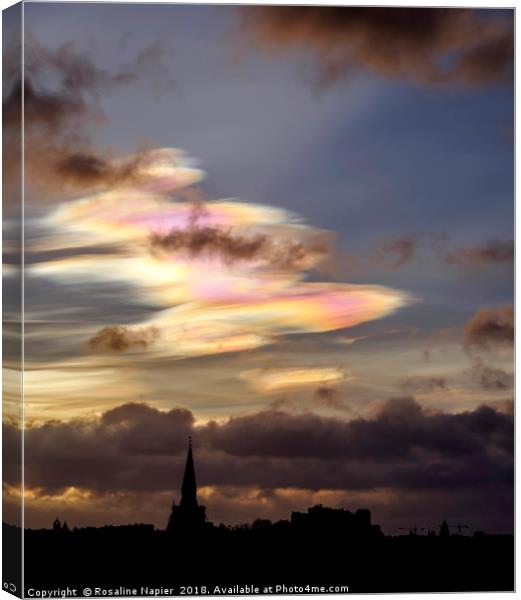 Edinburgh skyline and nacreous clouds Canvas Print by Rosaline Napier