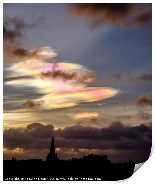 Edinburgh skyline and nacreous clouds Print by Rosaline Napier