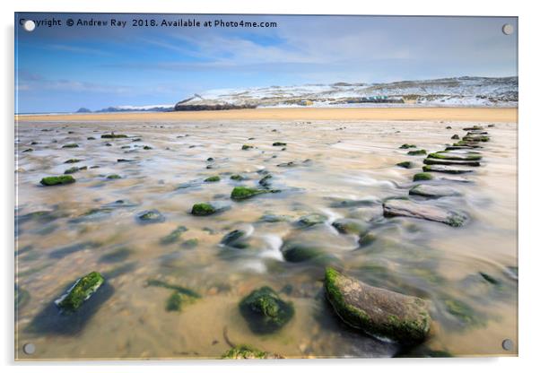 Stepping stones in winter (Perranporth) Acrylic by Andrew Ray