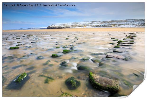 Stepping stones in winter (Perranporth) Print by Andrew Ray