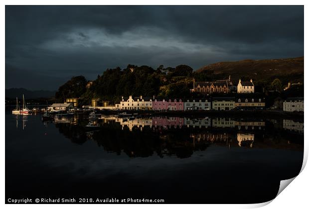 First sunlight catches Portree quay Print by Richard Smith