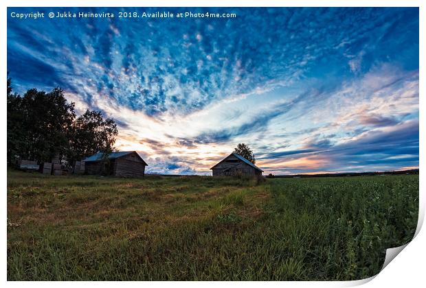 Two Old Barn Houses In The Late Summer Sunset Print by Jukka Heinovirta