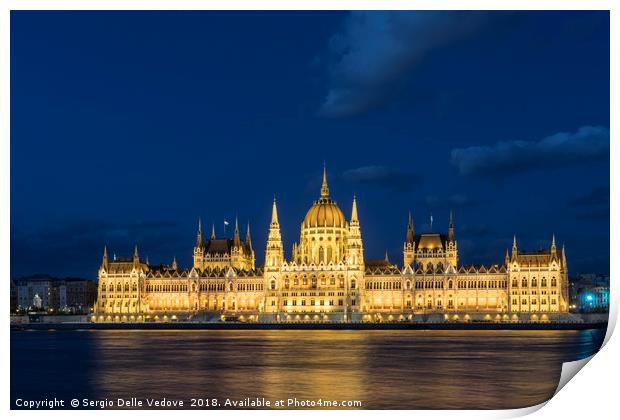 The parliament building at sunset in Budapest. Print by Sergio Delle Vedove