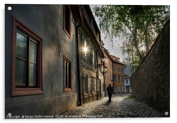 A man walking in Mala Strana  district in Prague,  Acrylic by Sergio Delle Vedove