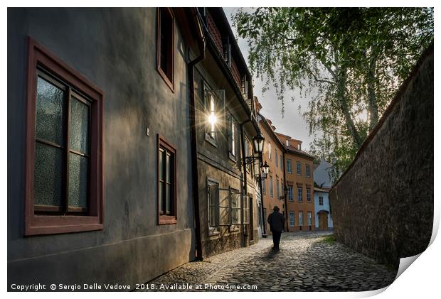 A man walking in Mala Strana  district in Prague,  Print by Sergio Delle Vedove