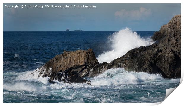 Waves crash against jagged rocks at Malin Head  Print by Ciaran Craig