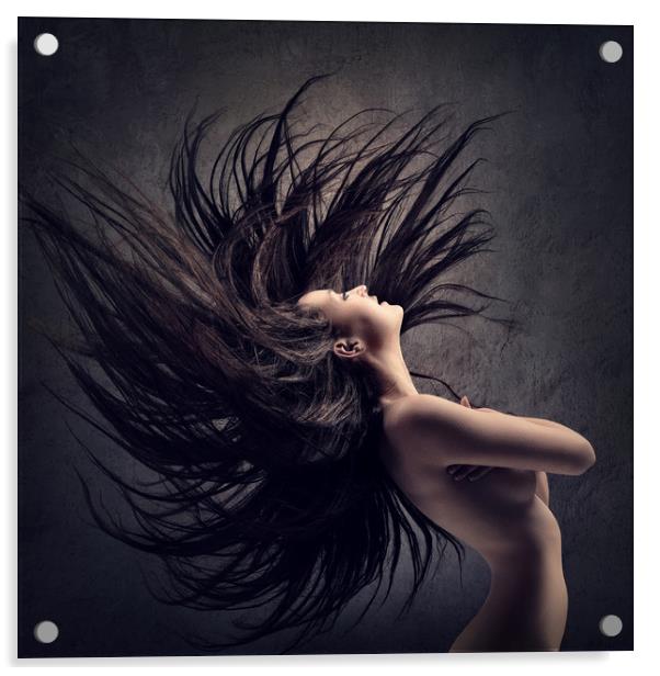 Woman waving long dark hair Acrylic by Johan Swanepoel