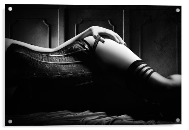 Woman with black corset Acrylic by Johan Swanepoel