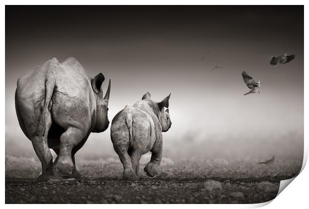 Black Rhinoceros cow with calf  Print by Johan Swanepoel