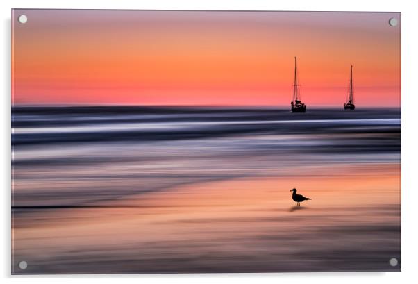  Yachts  at Sunset Widemouth Bay, Cornwall, UK. Acrylic by Maggie McCall