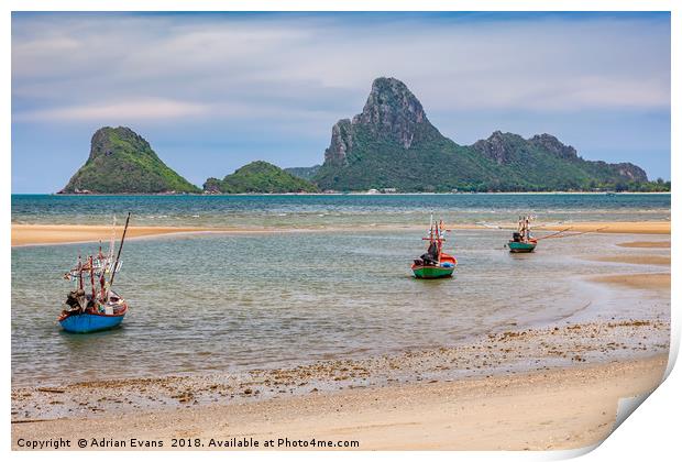 Three Boats Thailand Print by Adrian Evans