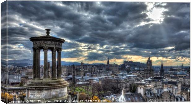 The Edinburgh skyline, and Dugald Stewart Monument Canvas Print by Phill Thornton
