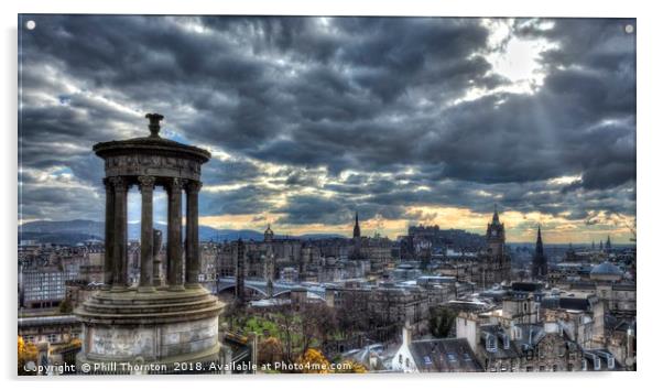 The Edinburgh skyline, and Dugald Stewart Monument Acrylic by Phill Thornton