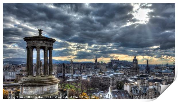 The Edinburgh skyline, and Dugald Stewart Monument Print by Phill Thornton