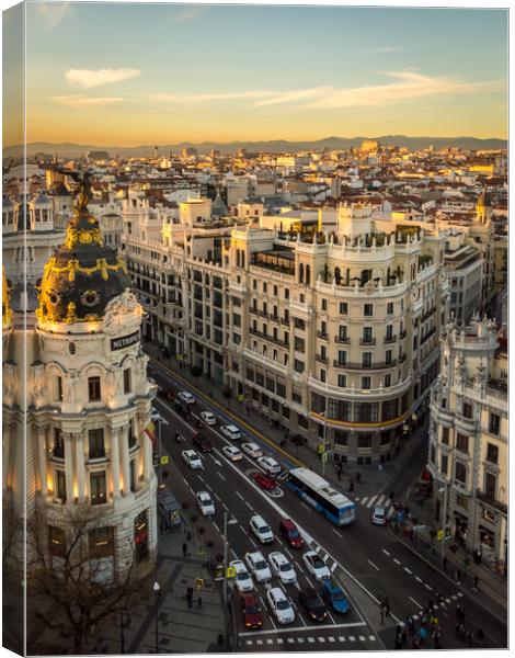 Madrid sunset views of the iconic Gran Via Canvas Print by Sebastien Greber