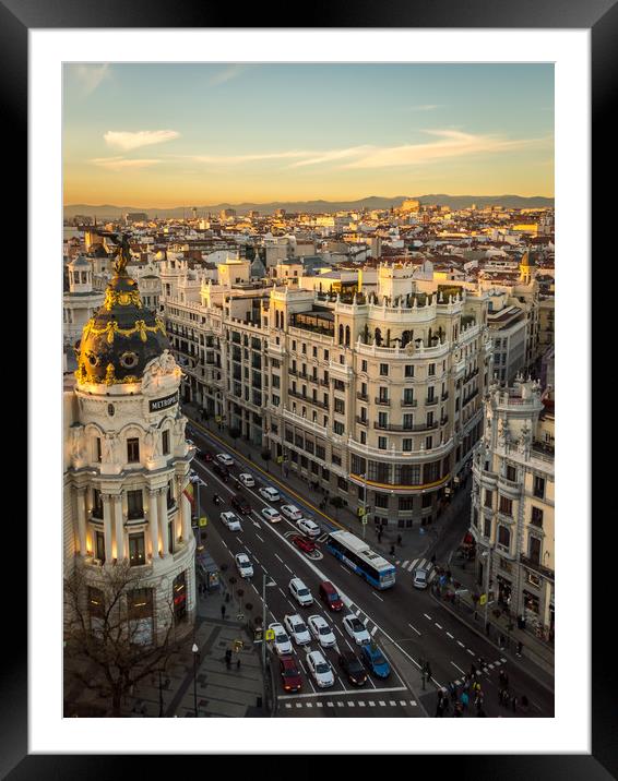 Madrid sunset views of the iconic Gran Via Framed Mounted Print by Sebastien Greber