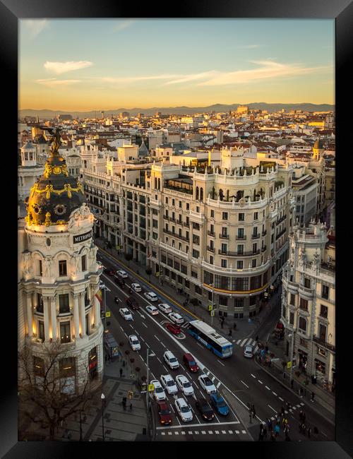 Madrid sunset views of the iconic Gran Via Framed Print by Sebastien Greber