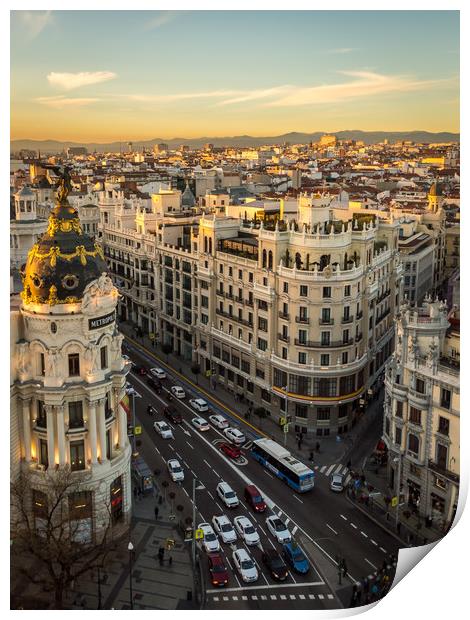 Madrid sunset views of the iconic Gran Via Print by Sebastien Greber