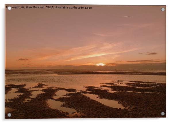 Sunset over Cleveleys Beach.  Acrylic by Lilian Marshall