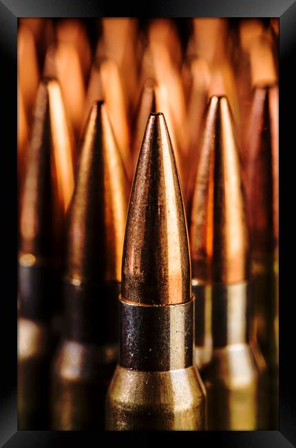 Close up of  Standing Bullets. Framed Print by Maggie McCall