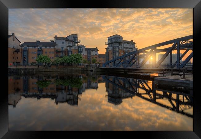 Golden glow over the Victoria Swing Bridge, Leith Framed Print by Miles Gray