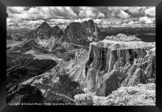 Sella Towers monochrome Framed Print by Graham Moore