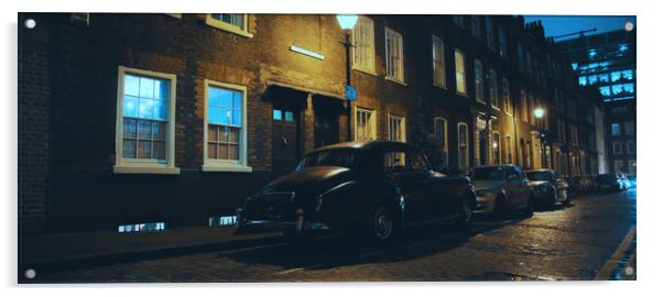 Vintage car in a London night Acrylic by Iacopo Navari