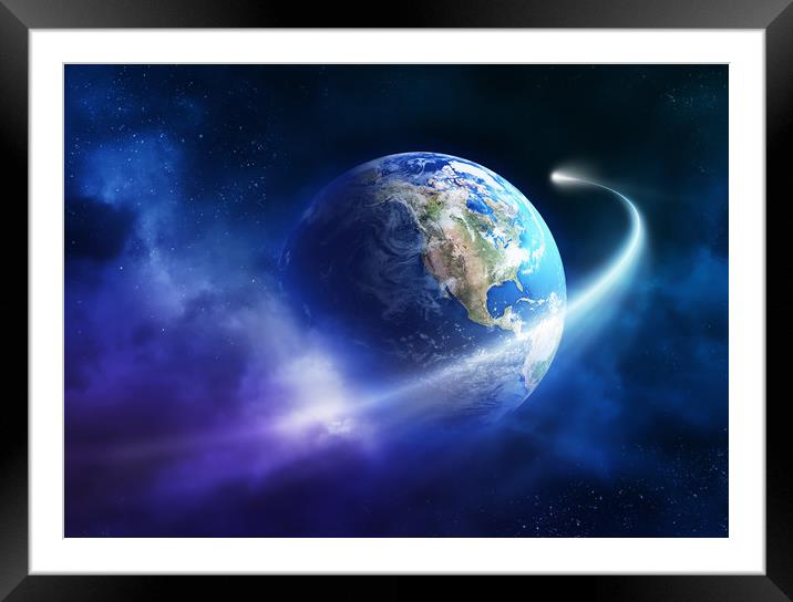 Comet moving around planet earth Framed Mounted Print by Johan Swanepoel