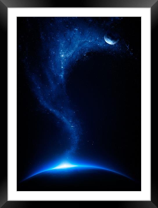 Earth and moon interconnected with starfield Framed Mounted Print by Johan Swanepoel