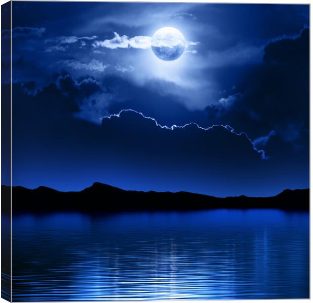 Fantasy Moon and Clouds over water Canvas Print by Johan Swanepoel