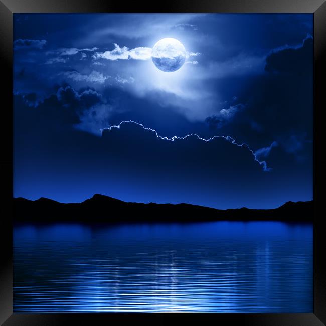 Fantasy Moon and Clouds over water Framed Print by Johan Swanepoel