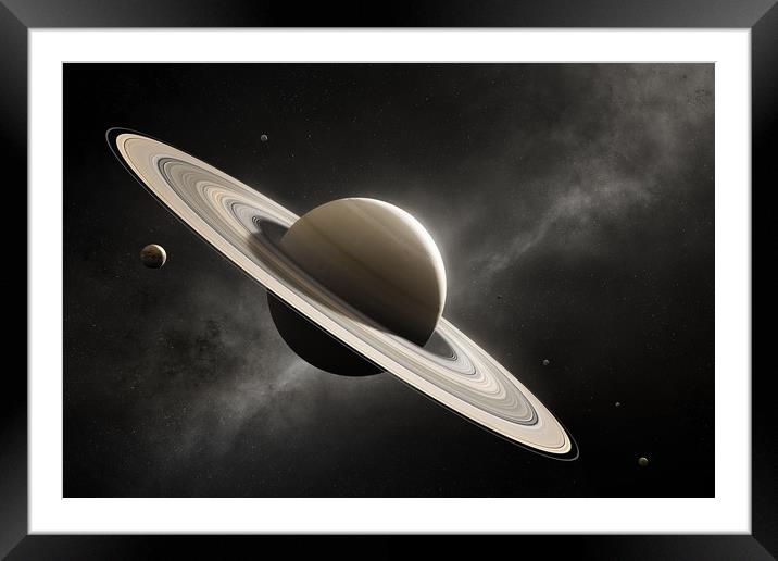 Planet Saturn with major moons Framed Mounted Print by Johan Swanepoel