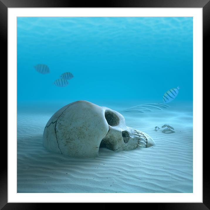 Human Skull on sandy ocean bottom Framed Mounted Print by Johan Swanepoel