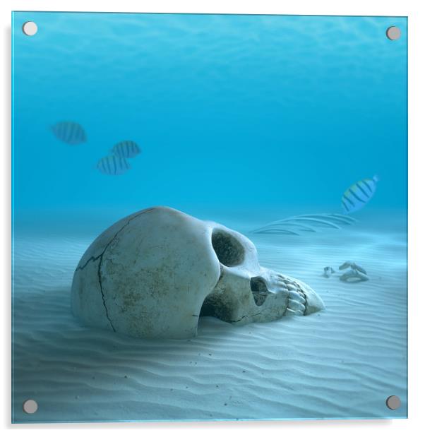 Human Skull on sandy ocean bottom Acrylic by Johan Swanepoel