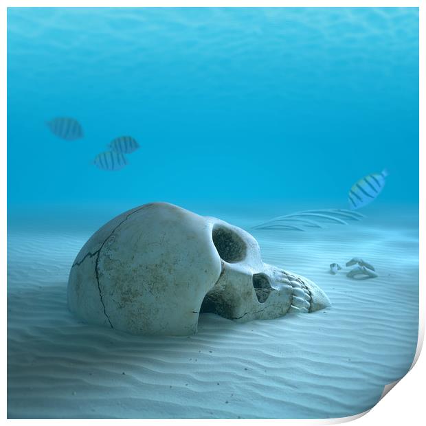 Human Skull on sandy ocean bottom Print by Johan Swanepoel