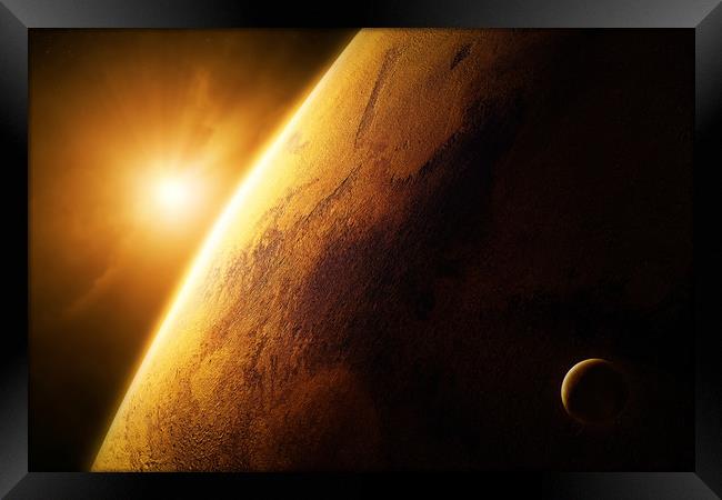 Planet Mars close-up with sunrise in space  Framed Print by Johan Swanepoel