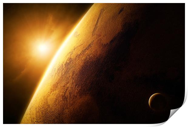 Planet Mars close-up with sunrise in space  Print by Johan Swanepoel