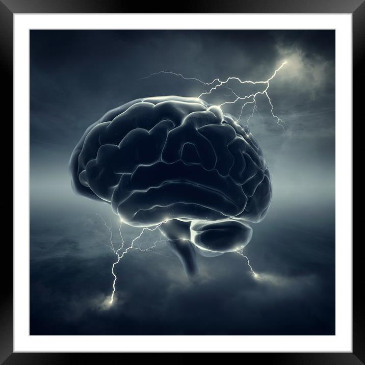 Brain in stormy clouds - conceptual brainstorm Framed Mounted Print by Johan Swanepoel